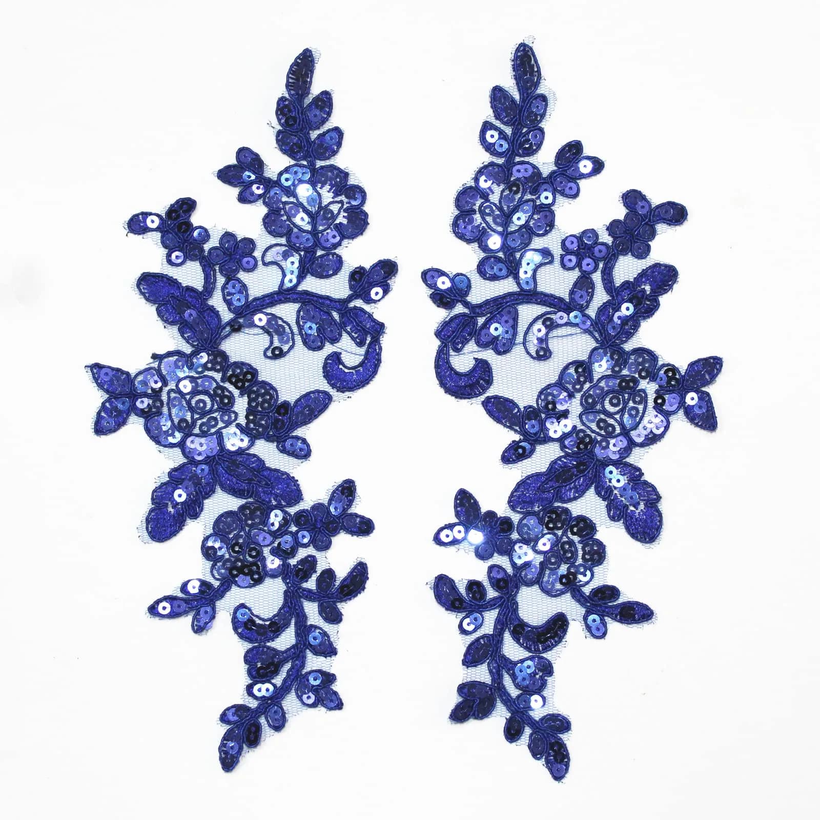 SUNMOVE Sky Blue Sequin Lace Applique Pair 25cm x 10cm | Bridal DIY Craft Motif — Blue