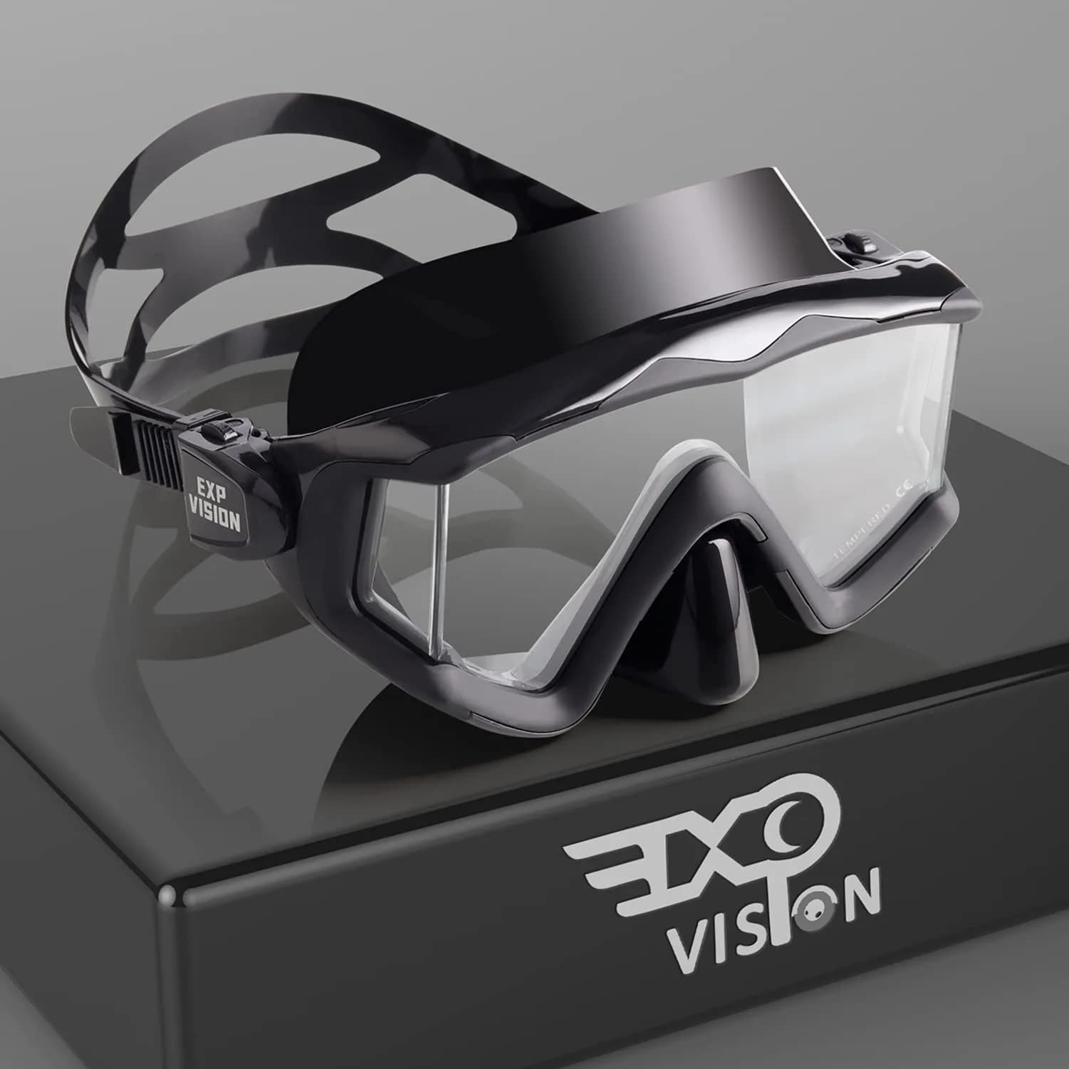 EXP VISION Pano 3 Window Scuba Diving Mask, Tempered Glass Snorkel Mask 260 ml (0.26 kg) | Wide View Anti-Fog Swim Mask — Matte Black
