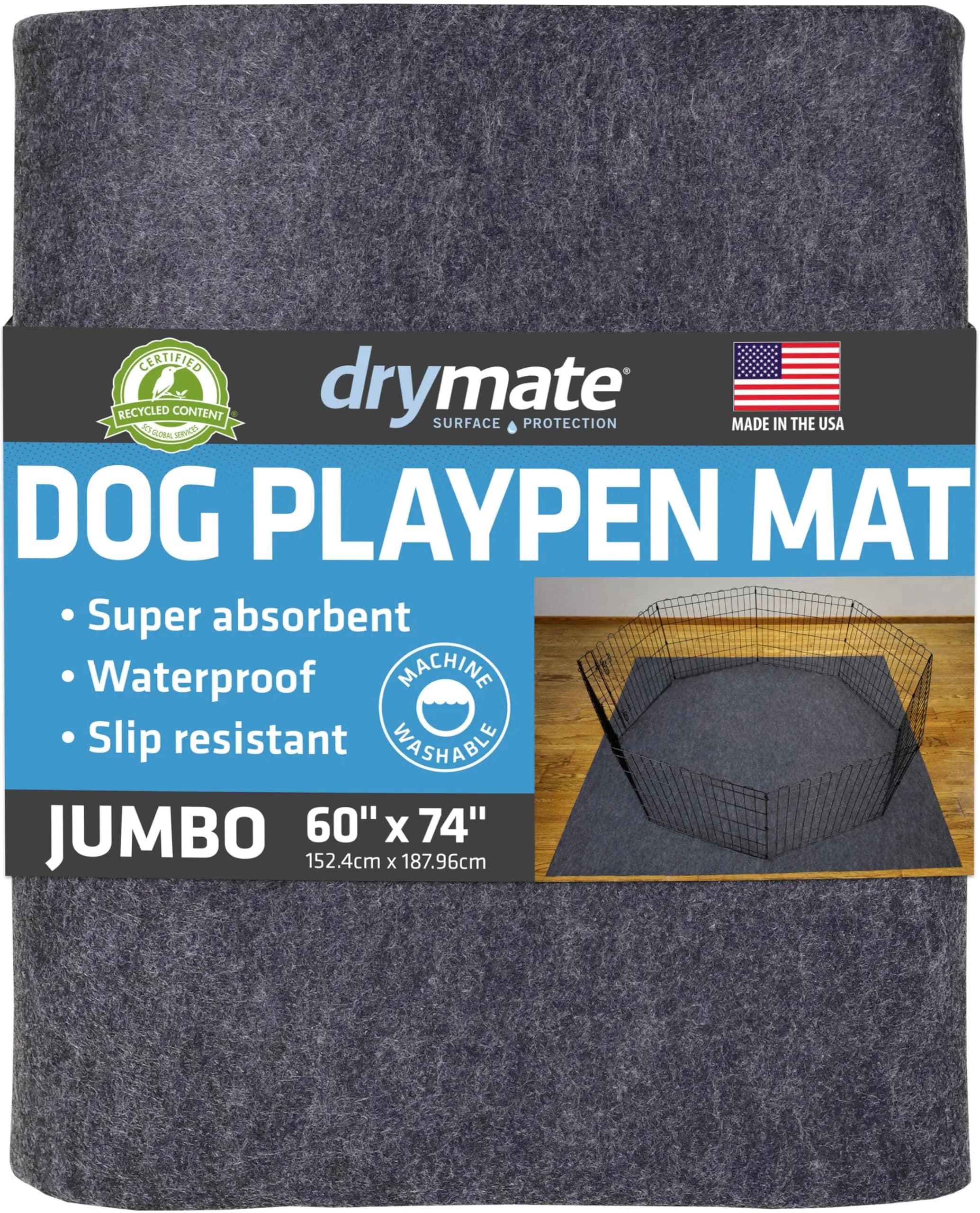 Drymate Jumbo Dog Playpen Mat 60x74 Charcoal | Super Absorbent Waterproof Reusable Puppy Pad