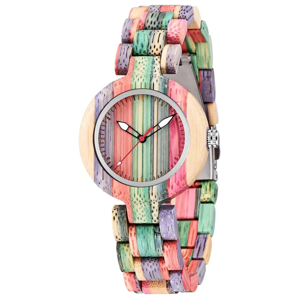 Dentily Handmade Wooden Bamboo Watch for Women, 25mm (1 inch) Case | Natural Wood Analog Quartz Wristwatch — colorful