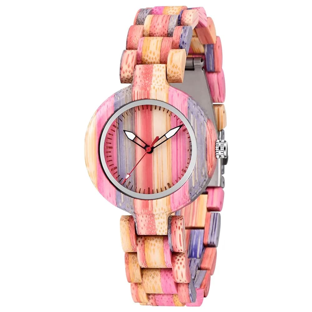 Dentily Handmade Wooden Bamboo Watch for Women, 25mm (1 inch) Case | Natural Wood Analog Quartz Wristwatch — pink