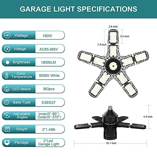 Nexillumi 2-Pack Led Garage Light 180W | 36,000LM Bright Ceiling LED with E26/E27 Base, 6000K Daylight, Adjustable Panels for Garage & Workshop thumbnail 7