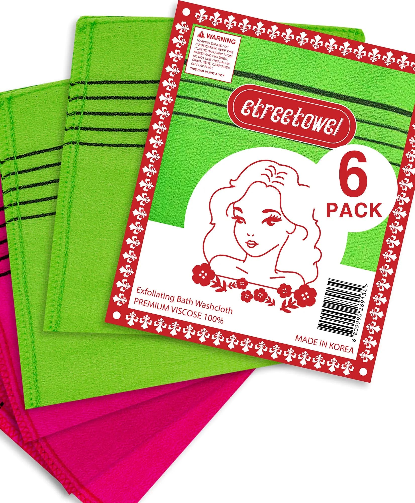 etreetowel Korean Exfoliating Bath Washcloth Mitt 6-Pack | Premium Viscose Rayon, Anti-Shrink - main product image