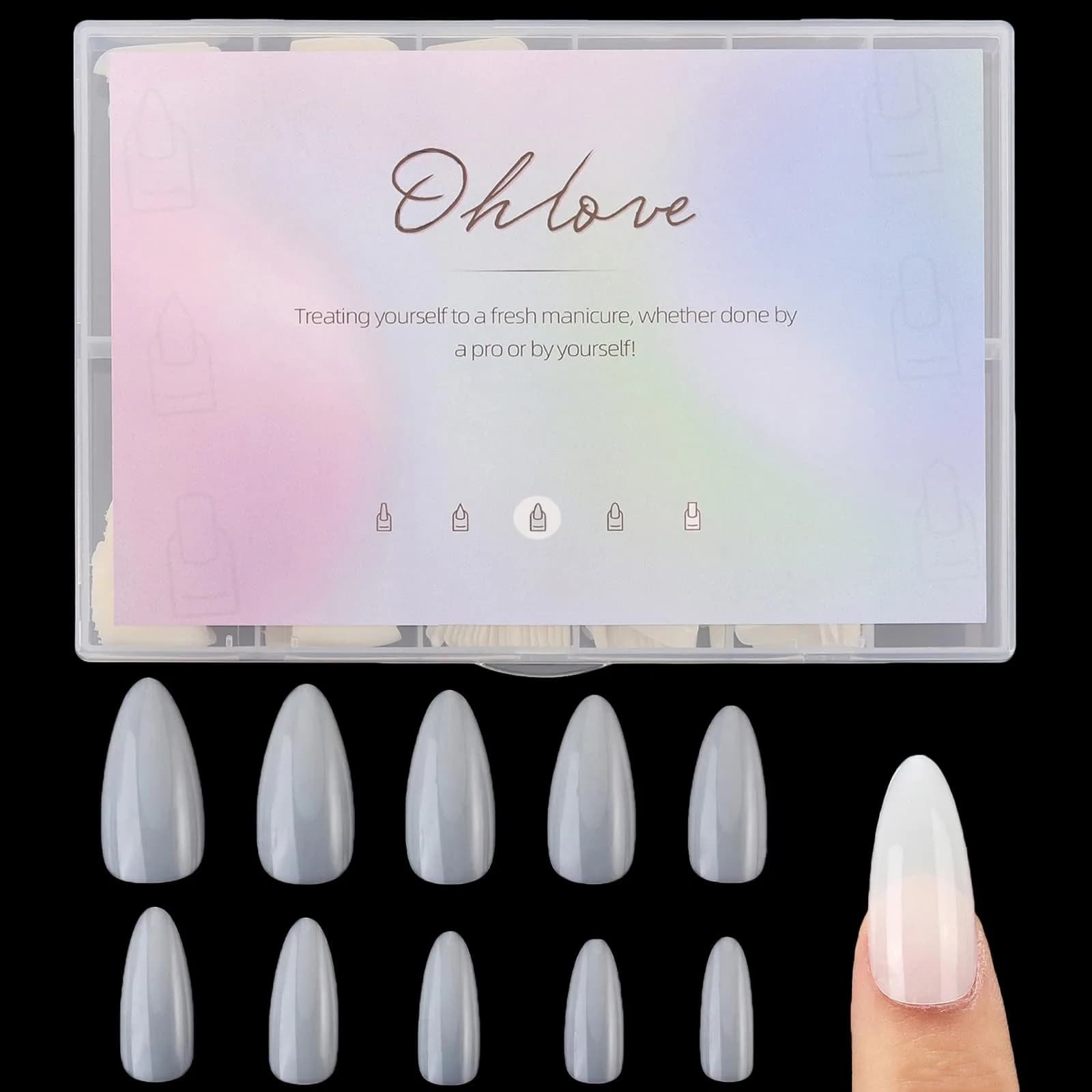 Ohlove Square Nail Tips Full Cover Clear Fake Nail Tips for Acrylic Nails, Size 0~9 (500 Count) — A-almond-natural