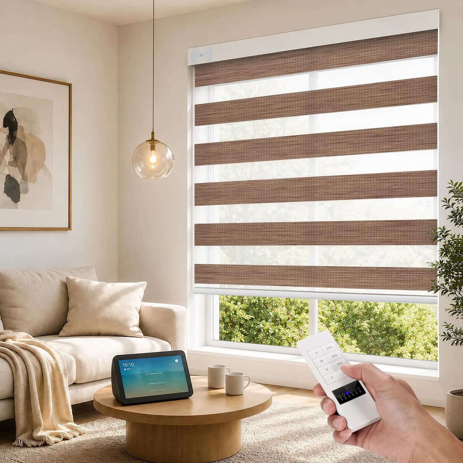 ACMEART Motorized Light Filtering Zebra Blinds with Remote Mocca Color, 2.27 kg (5 lb) | Smart Control for Modern Homes - main product image
