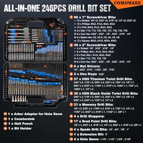 COMOWARE 246-Piece Drill Bit and Screwdriver Set | For Wood, Metal, Masonry, Cement & Screws thumbnail 2