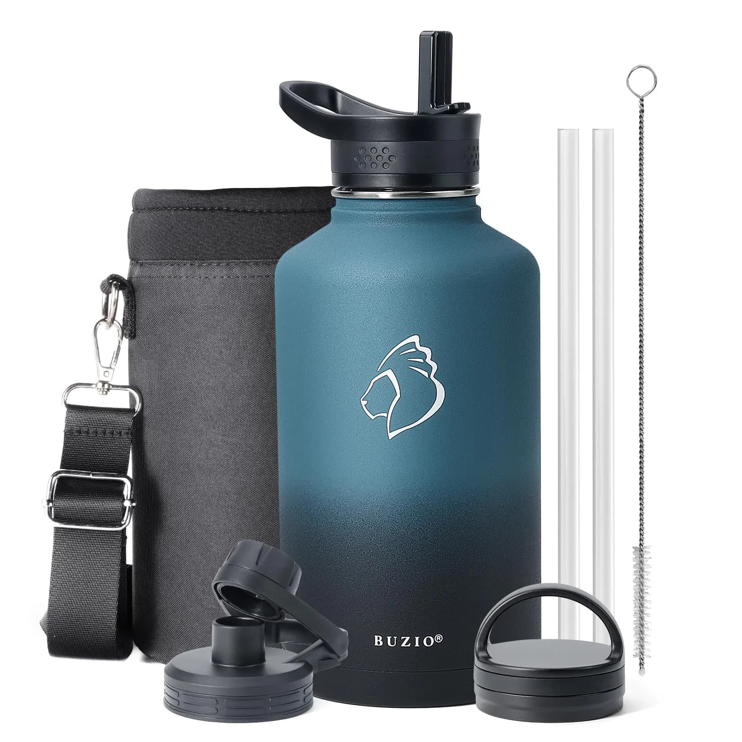 BUZIO 1.89 L (64 oz) Insulated Water Jug with 3 Lids & Straws | Keeps Cold 48 Hrs, Hot 24 Hrs — Indigo Crush