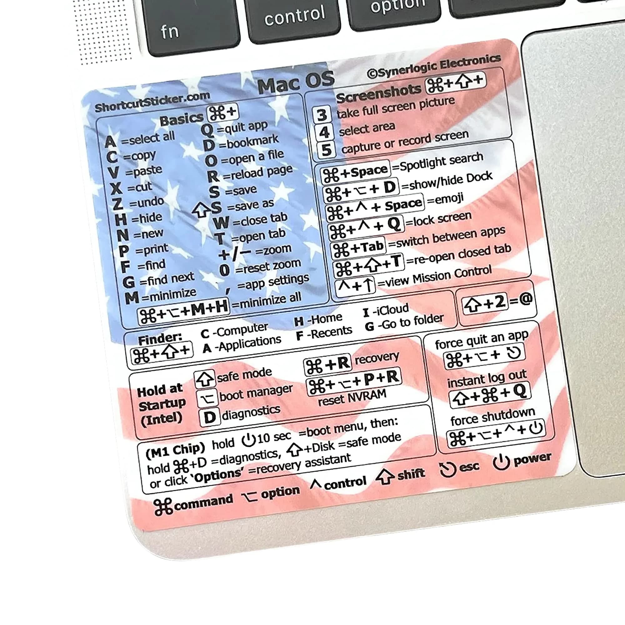 Synerlogic Mac OS Shortcuts Sticker for MacBook Air & Pro | Laminated Vinyl macOS Cheatsheet | Keyboard Shortcuts 2026 (US Flag)