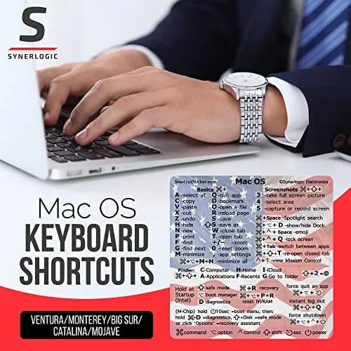 Synerlogic Mac OS Shortcuts Sticker for MacBook Air & Pro | Laminated Vinyl macOS Cheatsheet | Keyboard Shortcuts 2026 (US Flag) thumbnail 2