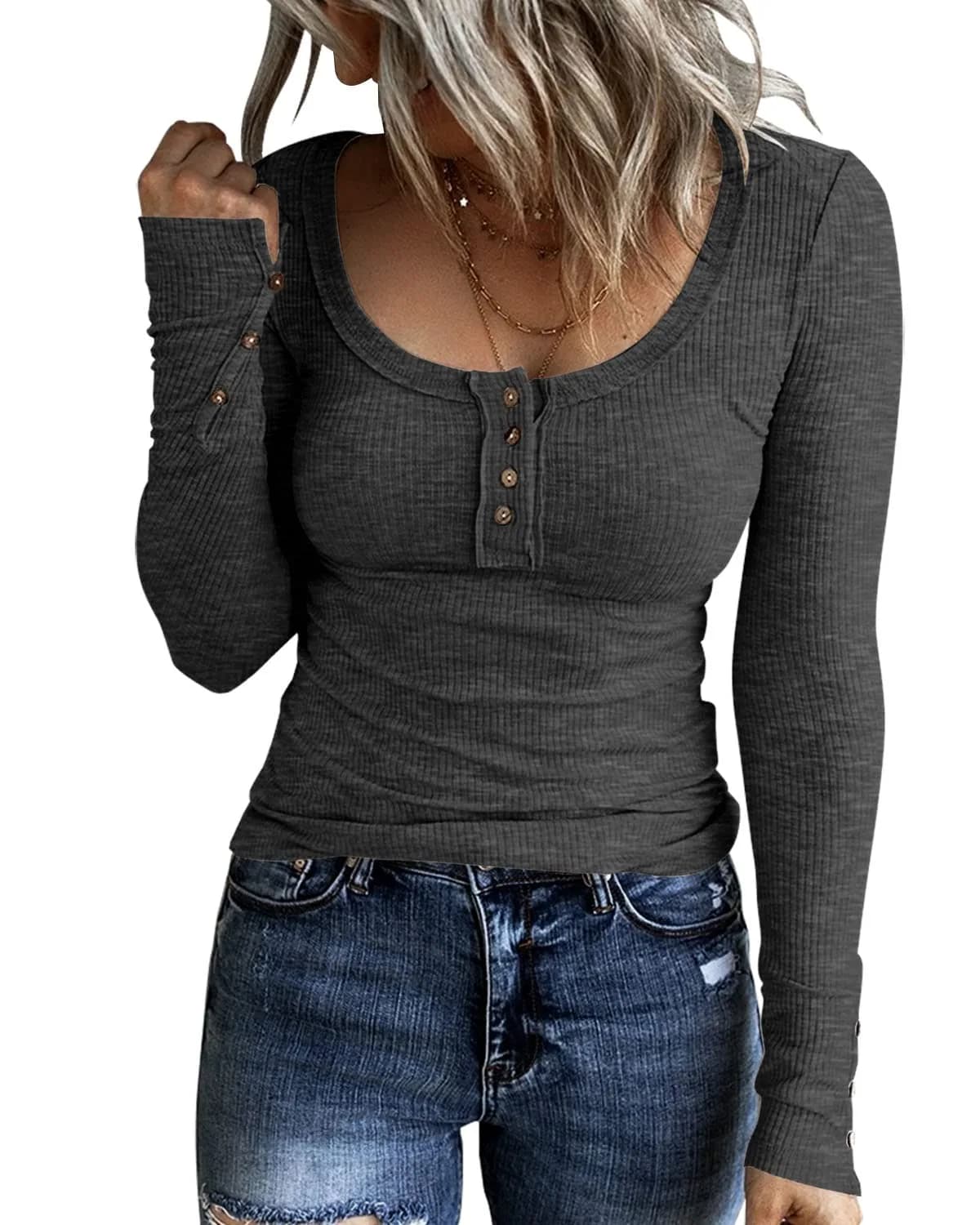 KINLONSAIR Women Long Sleeve Henley Shirts Scoop Neck T-shirt Basic Tops | Breathable, Slim Fit, Adjustable Neck, Casual Style