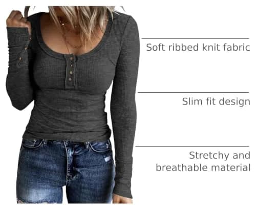 KINLONSAIR Women Long Sleeve Henley Shirts Scoop Neck T-shirt Basic Tops | Breathable, Slim Fit, Adjustable Neck, Casual Style thumbnail 3