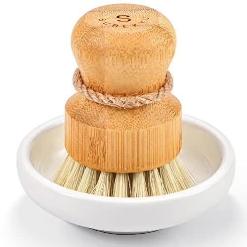 SUBEKYU Bamboo Dish Scrub Brush with Ceramic Base & Sisal Bristles | Natural Kitchen Cleaning Tool thumbnail 1