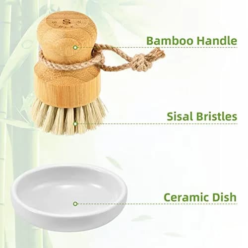 SUBEKYU Bamboo Dish Scrub Brush with Ceramic Base & Sisal Bristles | Natural Kitchen Cleaning Tool thumbnail 5