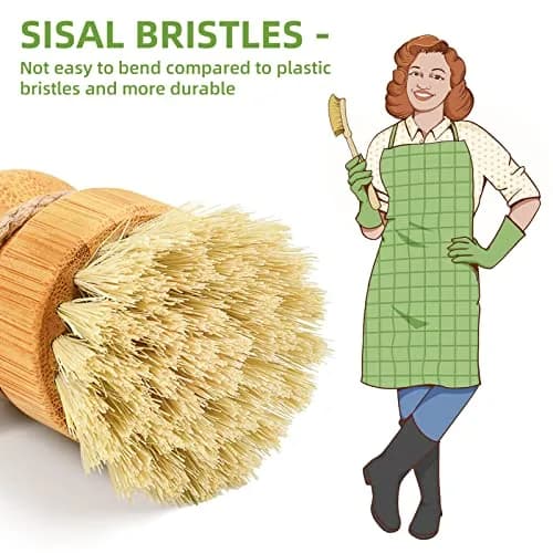 SUBEKYU Bamboo Dish Scrub Brush with Ceramic Base & Sisal Bristles | Natural Kitchen Cleaning Tool thumbnail 2