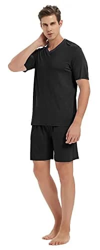 MoFiz Men's Pajama Set Short Sleeve T-Shirt Shorts Lightweight Soft Summer Casual 2 Piece Set Black XL | Elastic Waist & Moisture Wicking thumbnail 7
