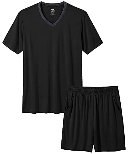 MoFiz Men's Short Sleeve Pajama Set with Shorts | Lightweight Summer Loungewear (Black, Large) thumbnail 1