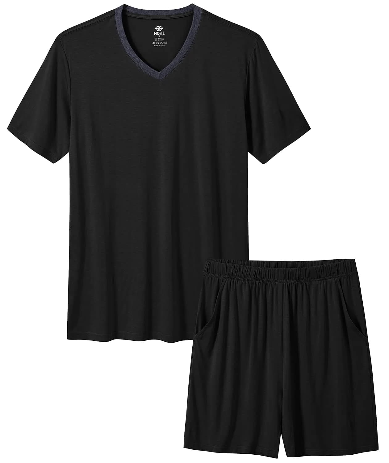 MoFiz Men's Short Sleeve Pajama Set with Shorts | Lightweight Summer Loungewear (Black, Large)