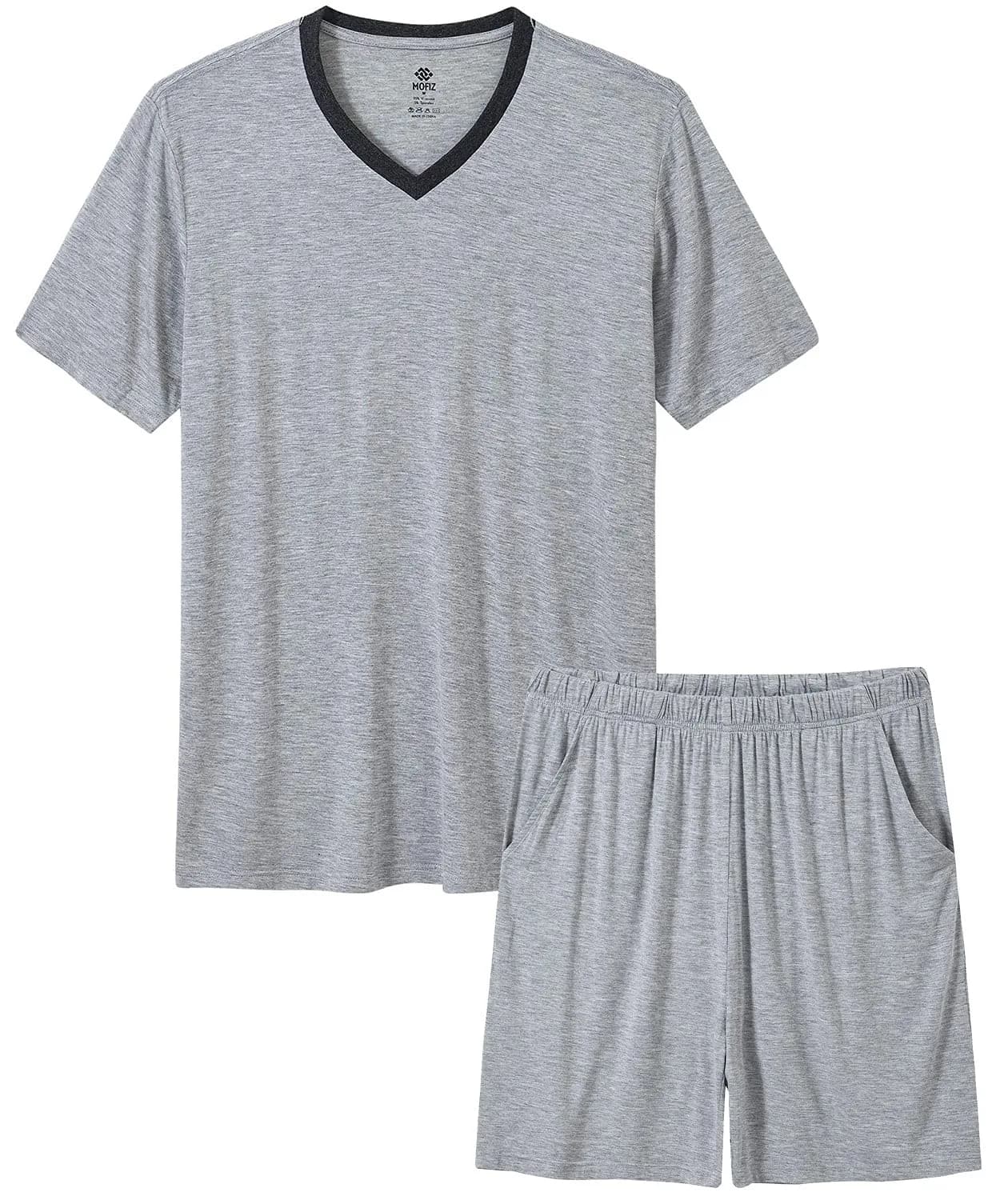 MoFiz Men's Short Sleeve Pajama Set with Shorts | Lightweight Summer Loungewear (Black, Large) — 7-light Grey / X-Large