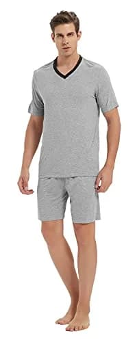 MoFiz Men's Pajama Set Lightweight Big Tall Tee Soft Summer Cotton PJs Sleep Sets Light Grey XL thumbnail 2