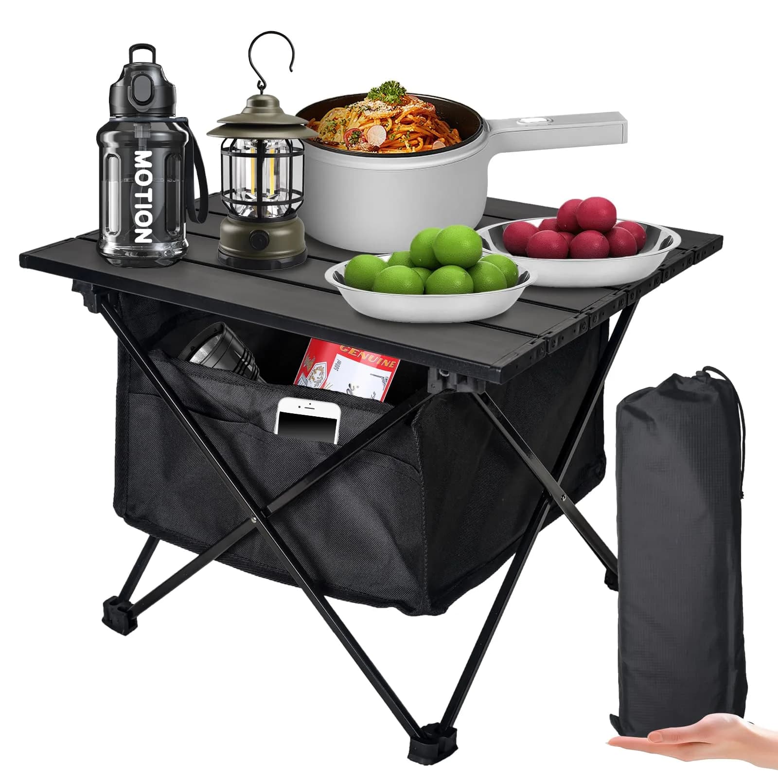 Audoyon Foldable Camping Side Table Black | Ultralight Aluminum Roll-Up Table with Carry Bag (16 inch Small)
