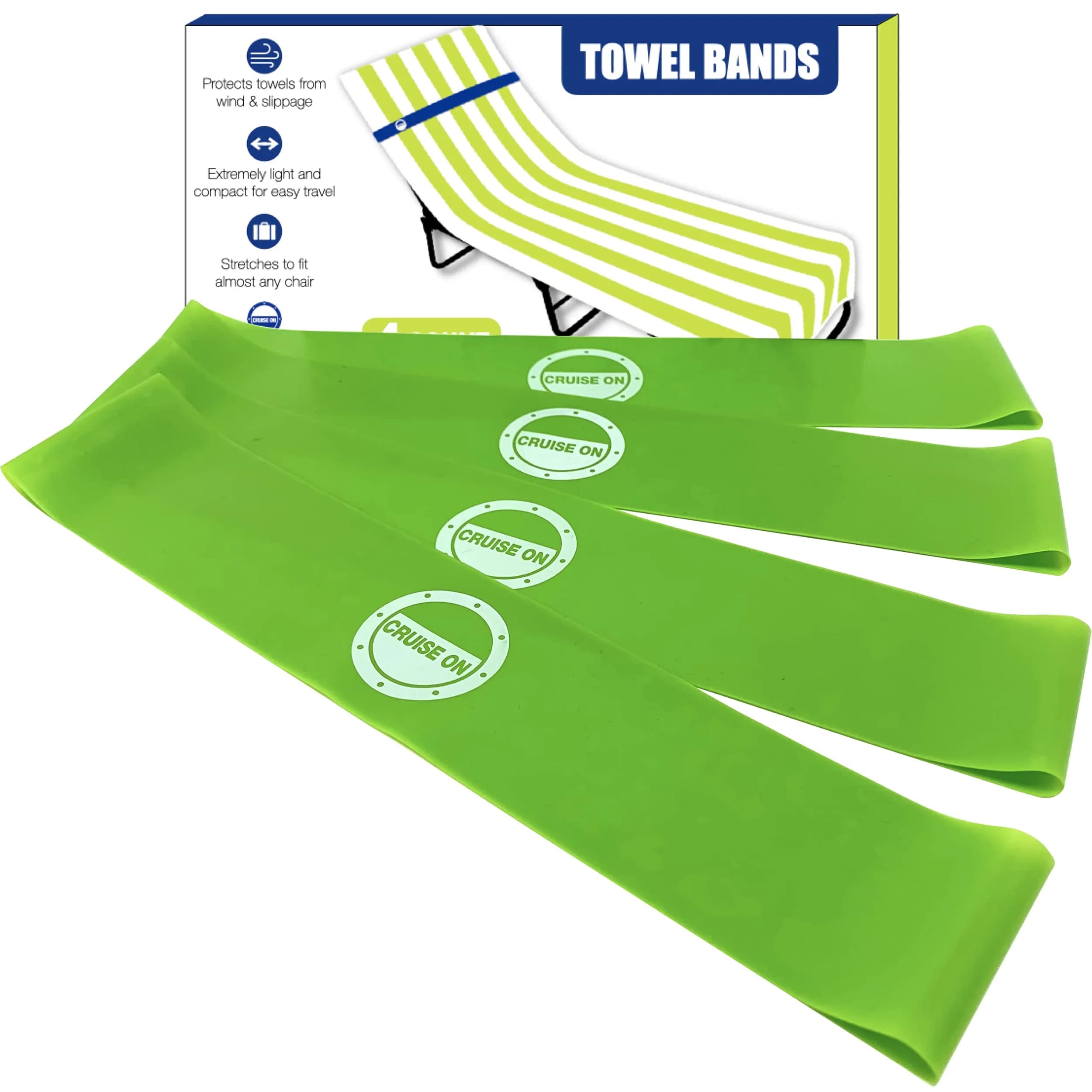 Cruise On Towel Bands for Cruise Chairs 4 Pack | Blue & Teal, Latex-Free, Lounge Use — Extendable Green Clasps