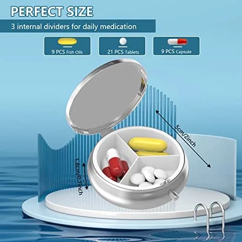 Hion 3 Compartment Small Pill Box Case 1.77" Diameter | Artistic Pattern Portable Pill Container Holder thumbnail 3