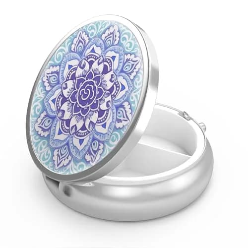 Hion 3 Compartment Round Pill Box Case 1.77" Diameter (4.5 cm) | Artistic Mandala Blue Design thumbnail 1