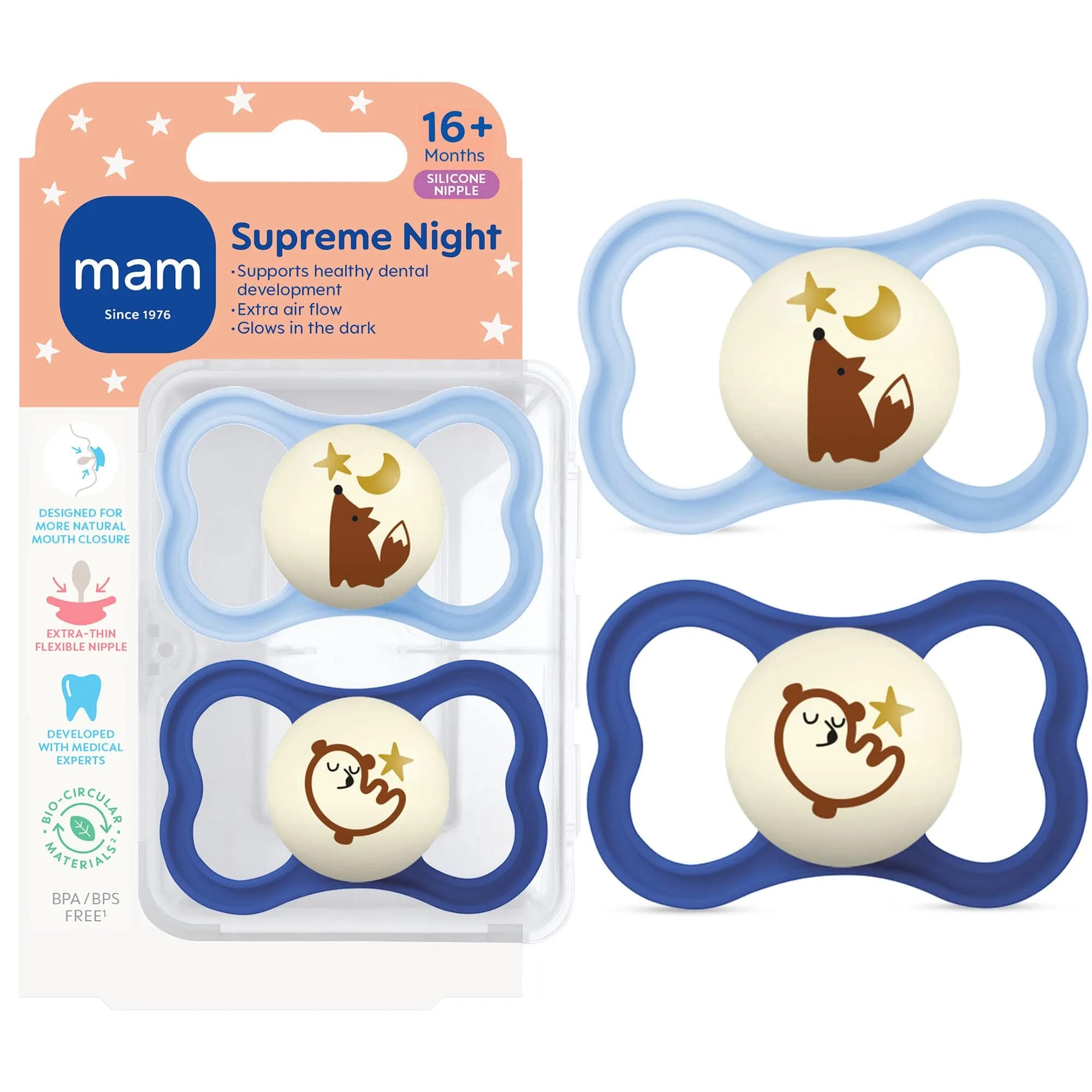 MAM Supreme Baby Pacifier 16+ Mths Glow-in-the-Dark 2-Pack | Developed with Orthodontists & Pediatric Dentists — Blue Teal/Blue Sky