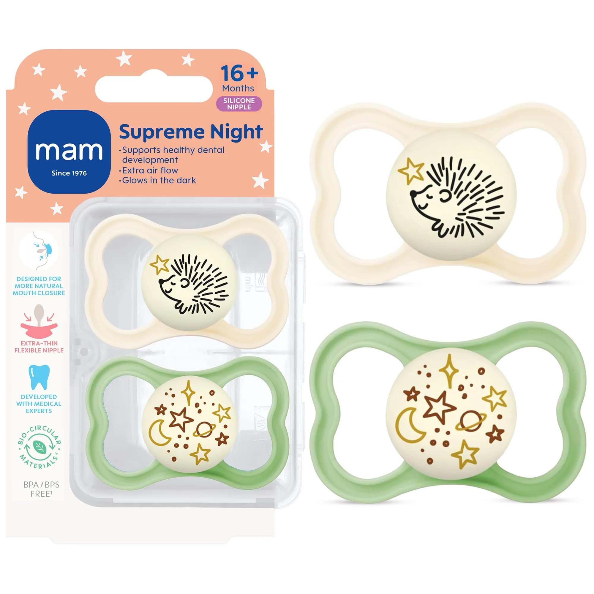 MAM Supreme Baby Pacifier 16+ Mths Glow-in-the-Dark 2-Pack | Developed with Orthodontists & Pediatric Dentists — Shell/Peppermint Green