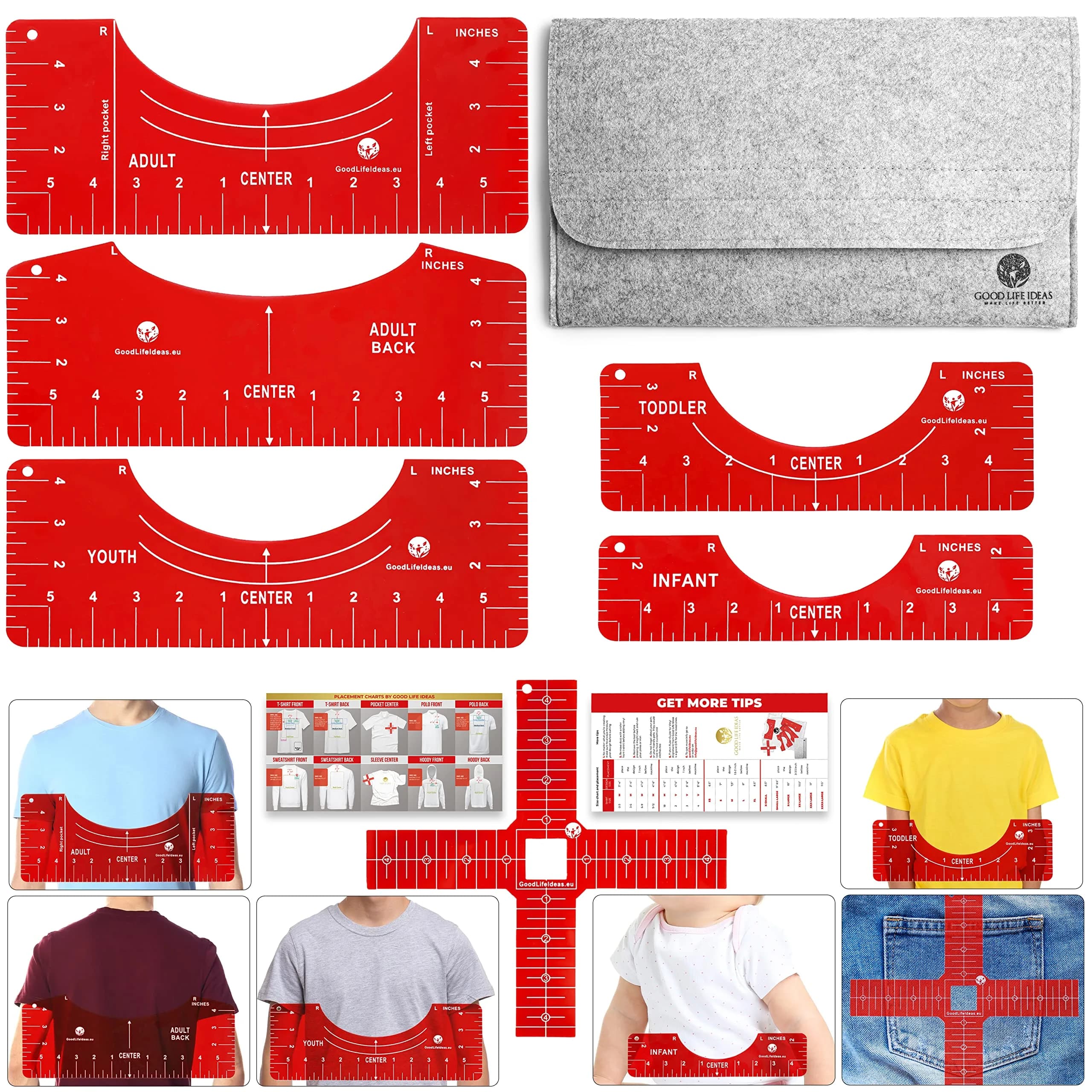 Good Life Ideas T-Shirt Ruler Guide for Vinyl Alignment - Set of 7 with Organizer Case - main product image
