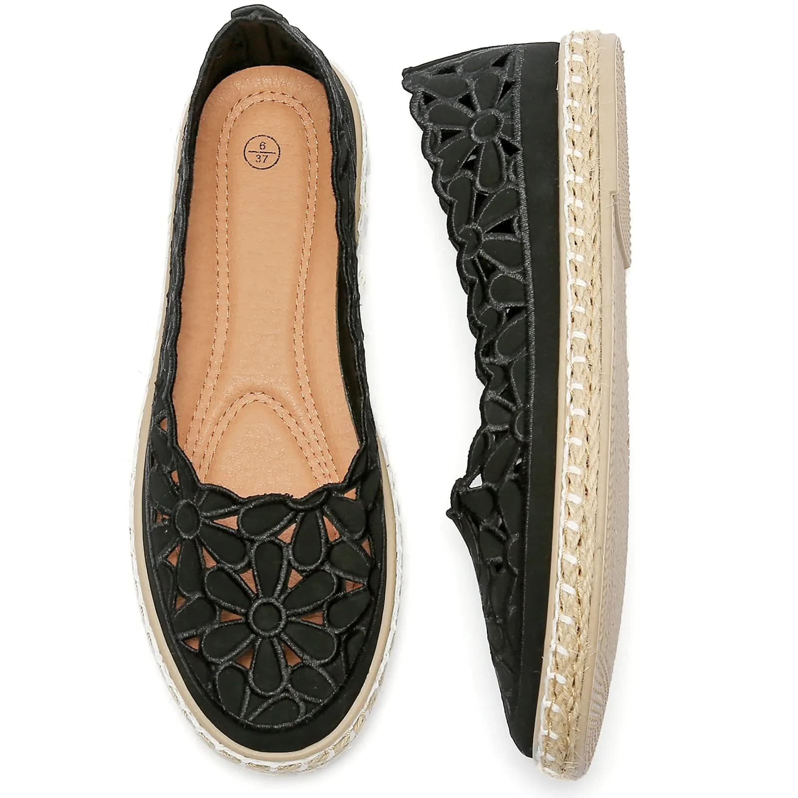HEAWISH Women's PU Leather Ballet Flats Espadrille Loafers, Black, Size 5 | Breathable & Lightweight Summer Slip-Ons