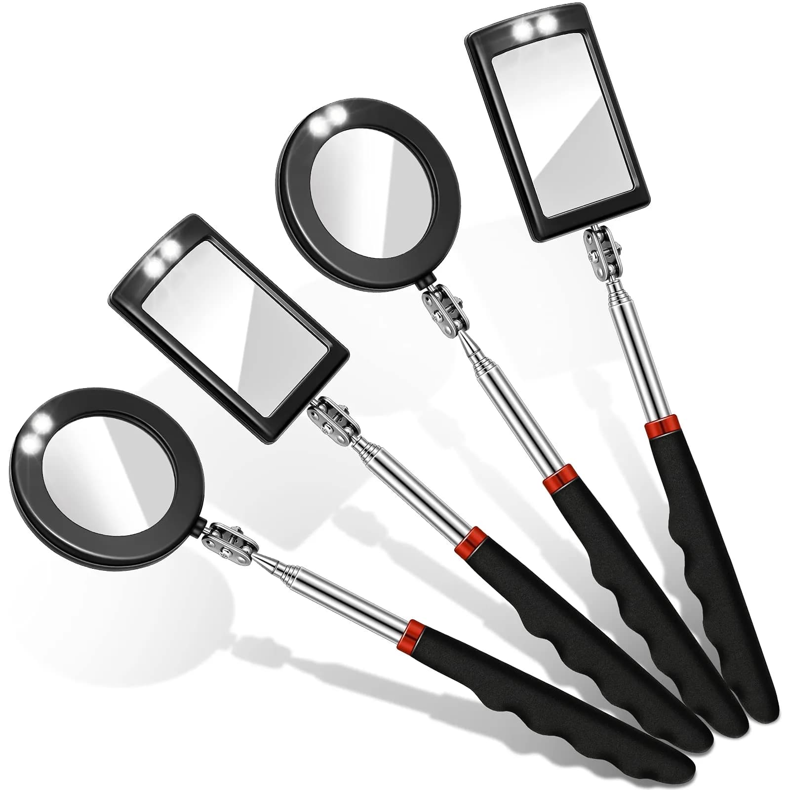 Tatuo Telescoping Inspection Mirror Set with LED Lights | Round & Square Heads, Extendable Reach — Clear