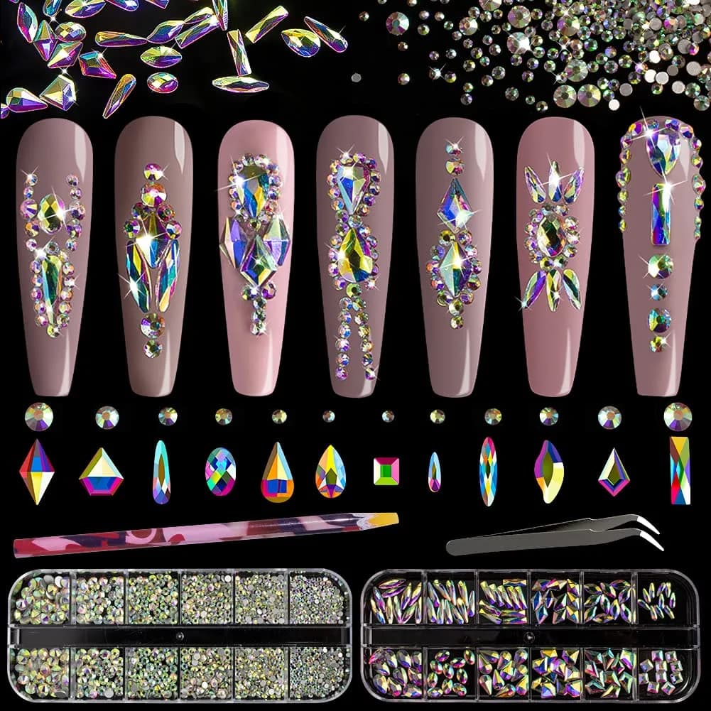 BELLEBOOST Multi Shapes 3D Glass AB Crystal Nail Art Rhinestones Kit with Pickup Pen & Tweezer | Iridescent Nail Decoration - main product image