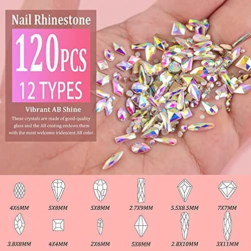 BELLEBOOST Multi Shapes 3D Glass AB Crystal Nail Art Rhinestones Kit with Pickup Pen & Tweezer | Iridescent Nail Decoration thumbnail 3