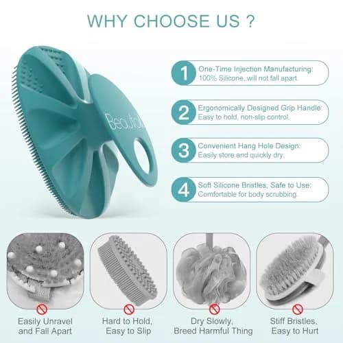 BEAUTAIL Silicone Body Scrubber Gentle Exfoliating Brush for Sensitive Skin Cyan | Hygienic Silicone Loofah for Body, Face & Scalp thumbnail 3