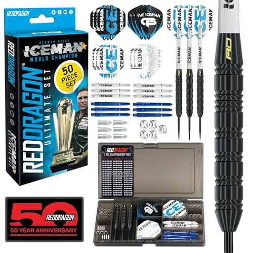 RED DRAGON Gerwyn Price Iceman 22g Brass Steel Tip Darts Set with Case | 50-Piece Complete Kit for Home, League & Pub Play thumbnail 1