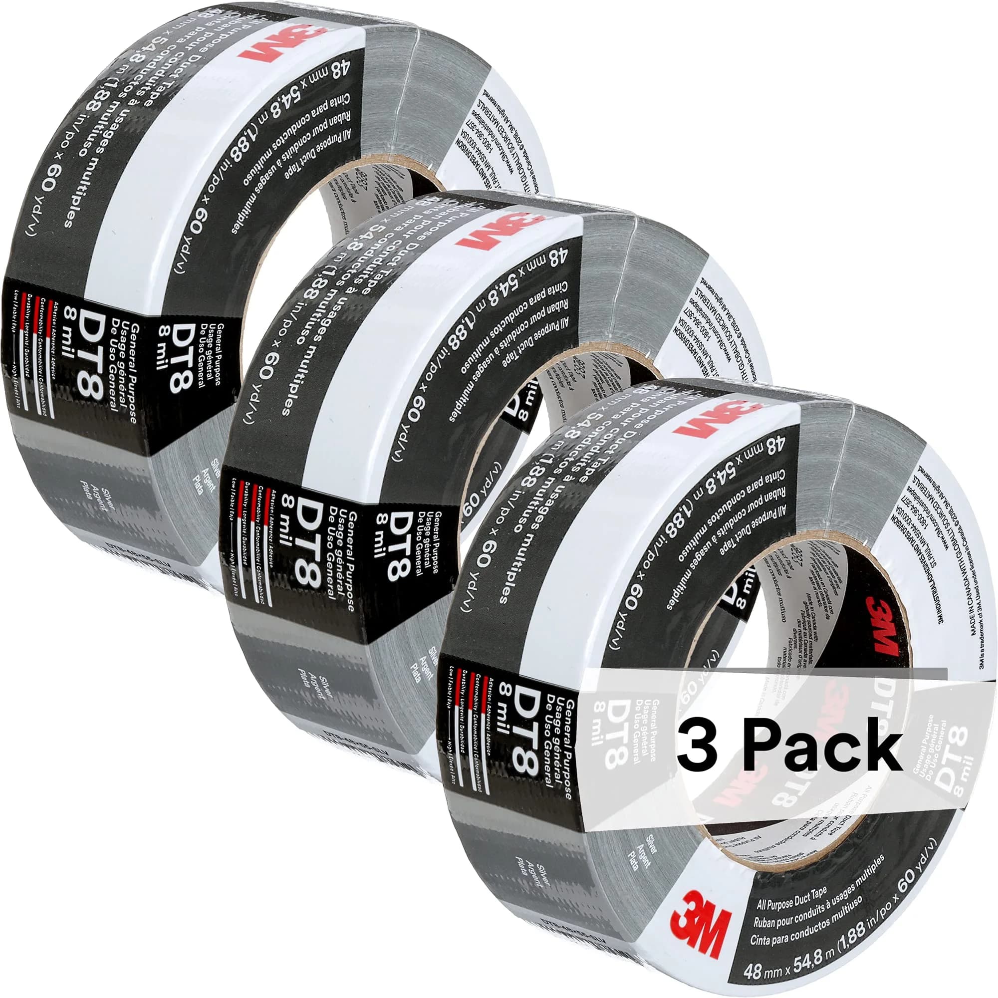 3M All Purpose Duct Tape DT8 Black 1.88 in x 60 yd (169.9 m) | Strong Cloth-Backed Tape for Repairs — Silver / 3 Rolls