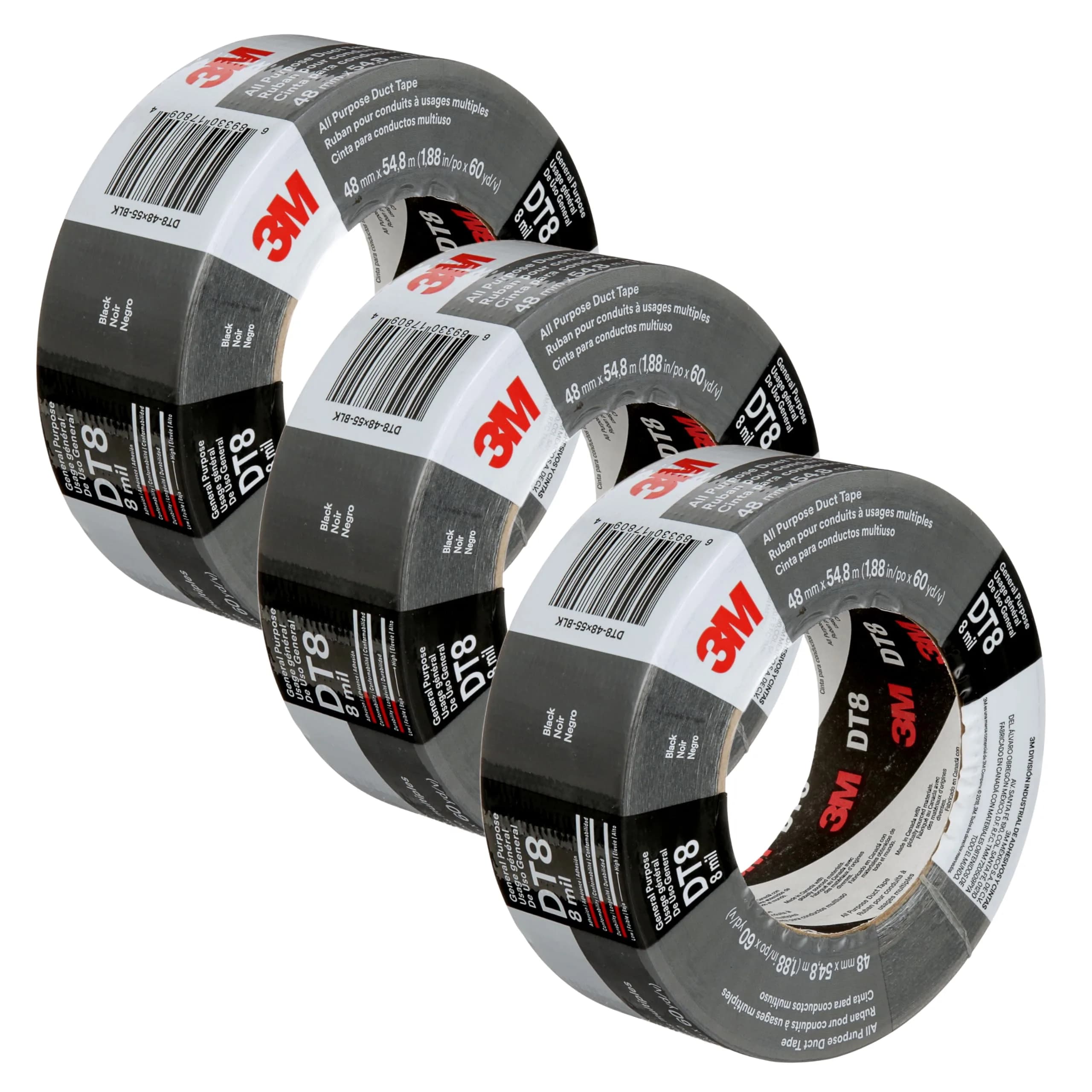 3M Duct Tape DT8, 3 Pack, Industrial Strength, Black Color, 1.88 in x 60 yd | Heavy Duty Tape for HVAC and Repairs - main product image