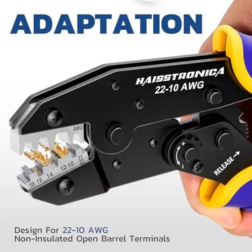 haisstronica Ratchet Crimping Tool for Open Barrel Terminals, AWG 22-10 (550g) | Precision Electrical Wire Crimper thumbnail 3