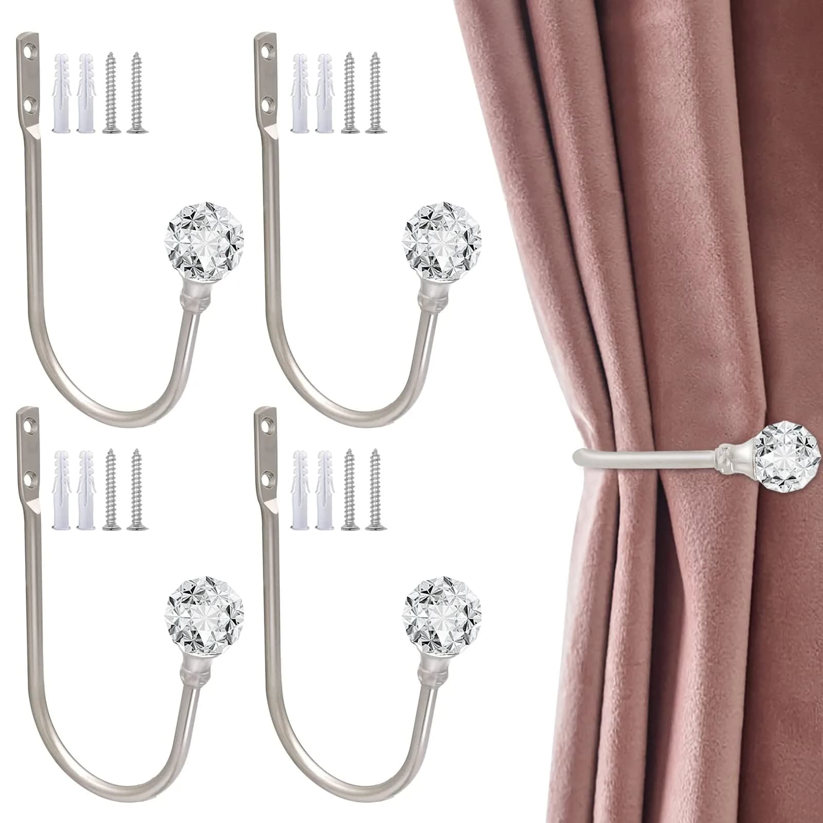 KOLAKO Crystal Curtain Holdbacks, 6 Pack Silver Metal Drapery Tiebacks with Clear Crystal Ball | U-Shaped Wall Mounted Hooks for Drapes — Silver