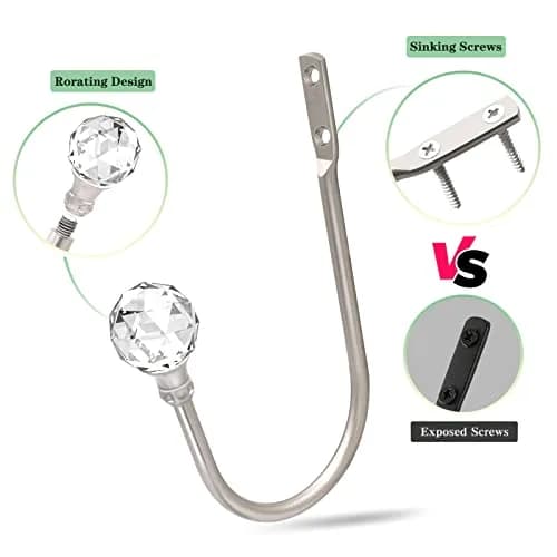 KOLAKO Crystal Curtain Holdbacks 4 Pack Silver Tieback Hooks | Decorative Metal Window Treatment Holdback thumbnail 4