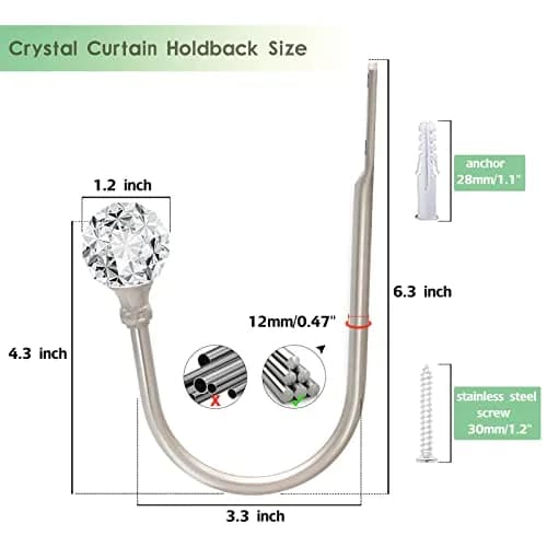 KOLAKO Crystal Curtain Holdbacks 4 Pack Silver Tieback Hooks | Decorative Metal Window Treatment Holdback thumbnail 2