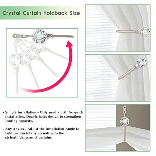 KOLAKO Crystal Curtain Holdbacks 4 Pack Silver Tieback Hooks | Decorative Metal Window Treatment Holdback thumbnail 3