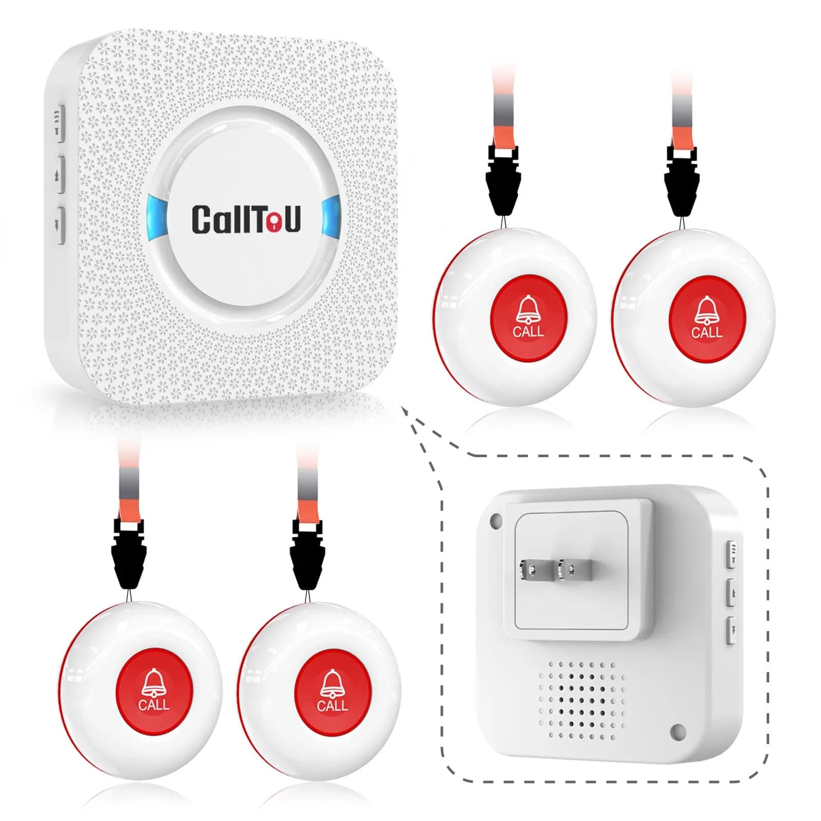 CallToU Wireless Caregiver Pager 2 Call Buttons+1 Receiver | Reliable Whole-Home Alerts — White 4+1