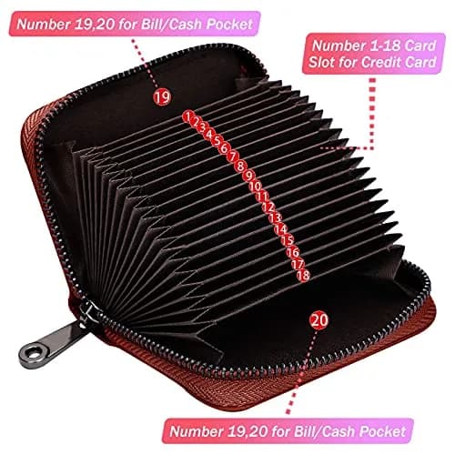Linno RFID 20 Slots Credit Card Wallet Genuine Leather Small Wallet for Women or Men with Zipper | RFID Blocking Accordion Wallet thumbnail 2