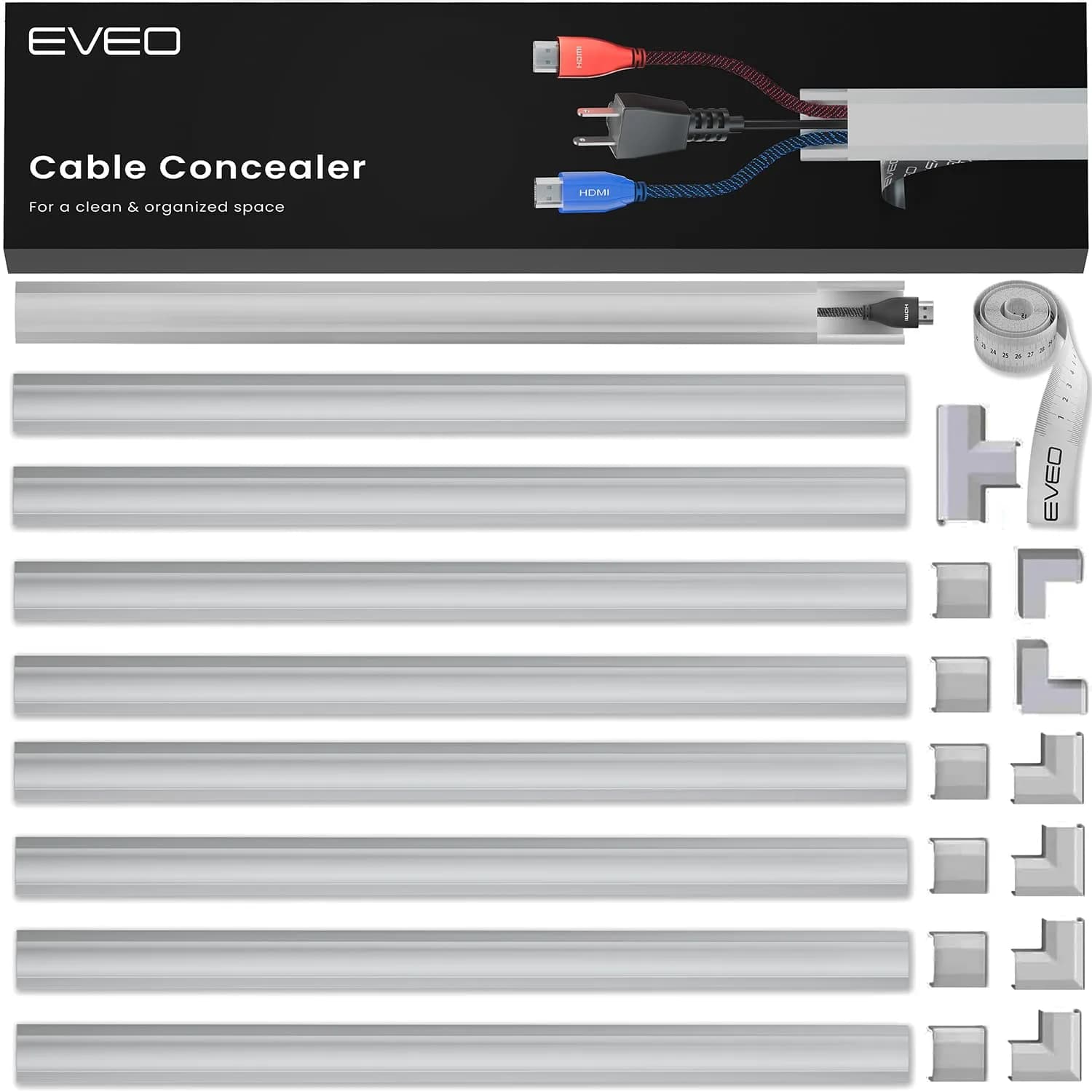 EVEO Cord Covers for Wires on Wall - 153in Cable Management Cable Hider Kit | Beige — Grey / 150" - Medium