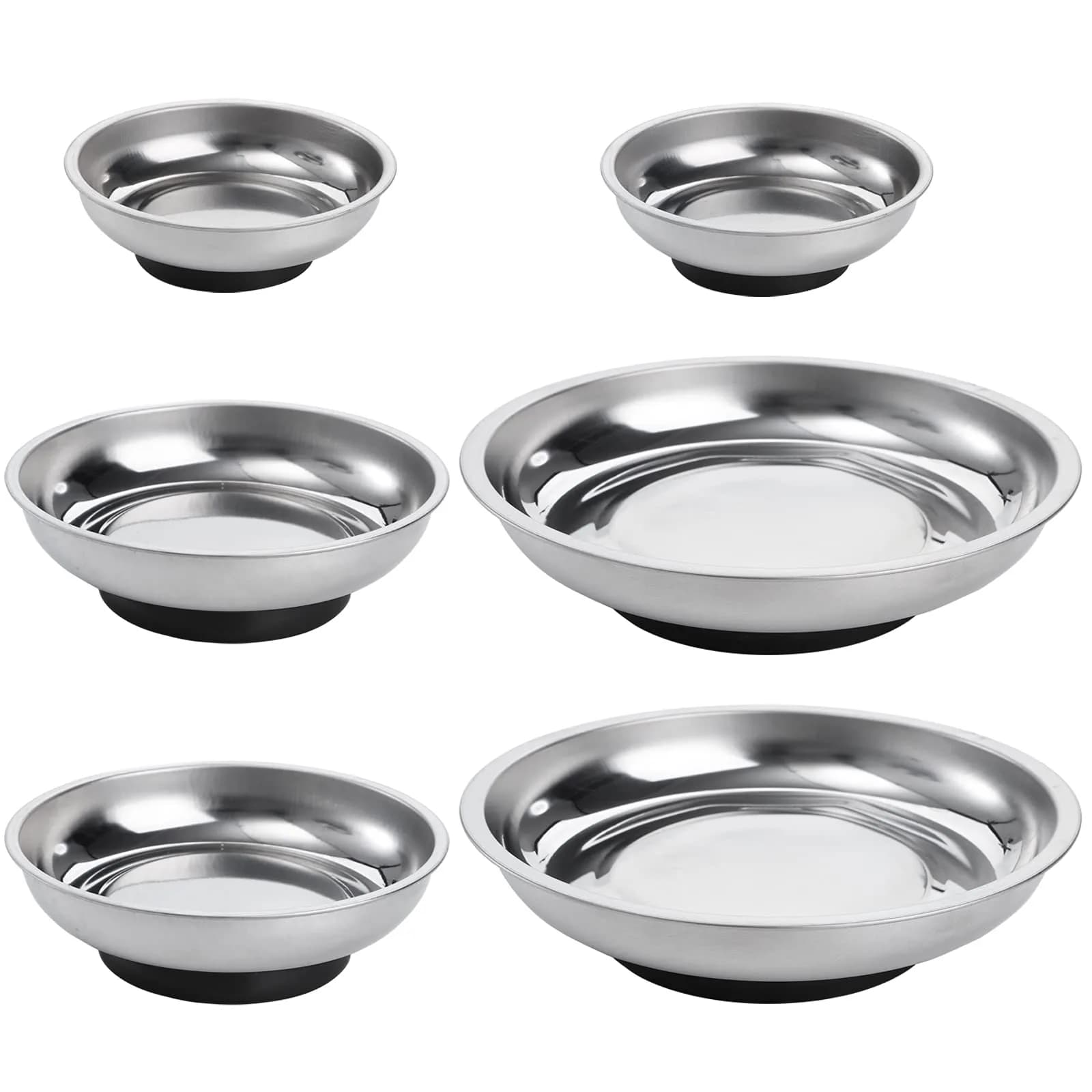 Hedume 6-Piece Round Magnetic Parts Tray Set 7.6cm (3") 10.2cm (4") 15.2cm (6") | Strong Stainless Steel Tool Holder for Mechanics
