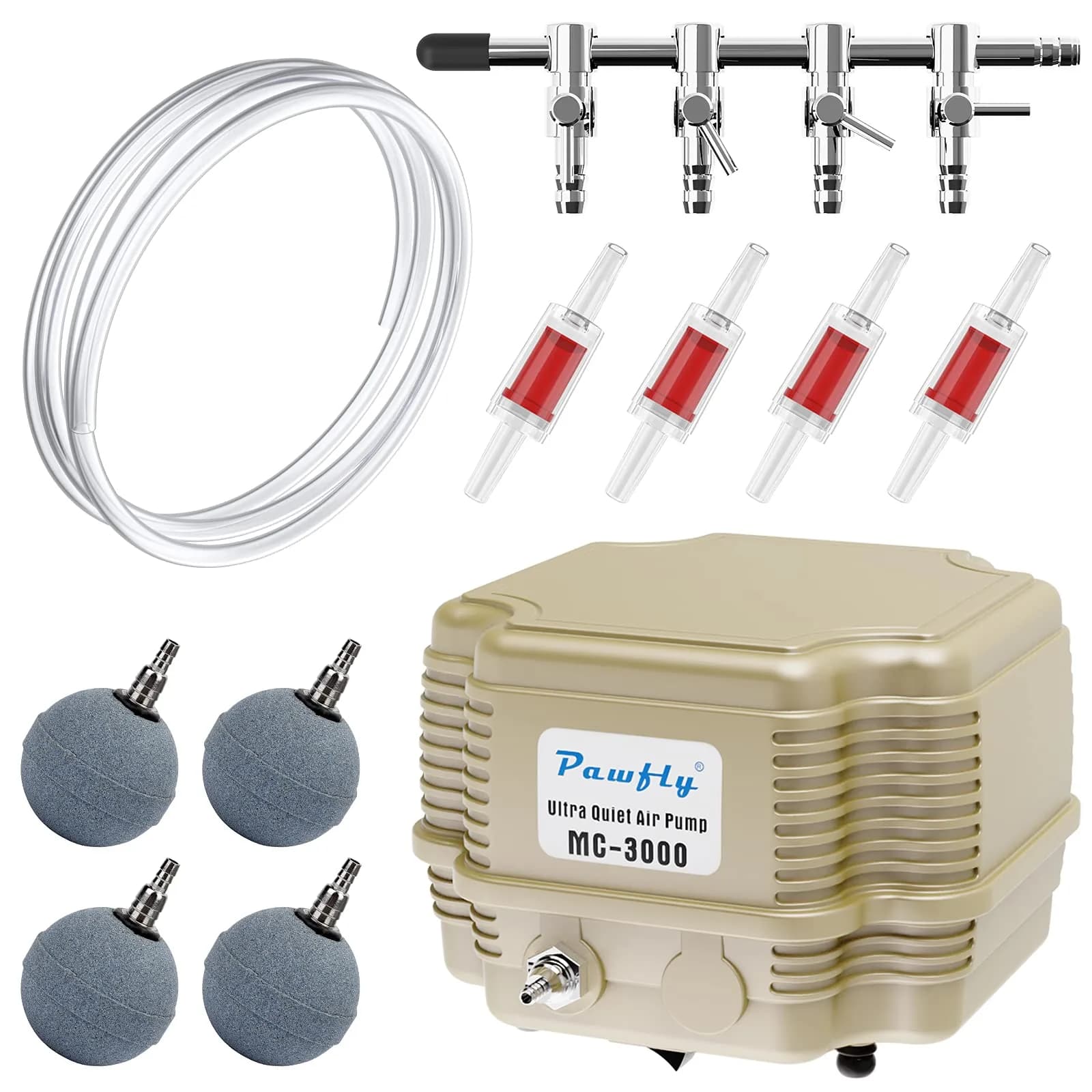 Pawfly Aquarium Air Pump 254 GPH | Ultra Quiet, Adjustable, 4 Ports for Fish Tanks & Ponds — Basic with Kit (Up to 300 Gallon)