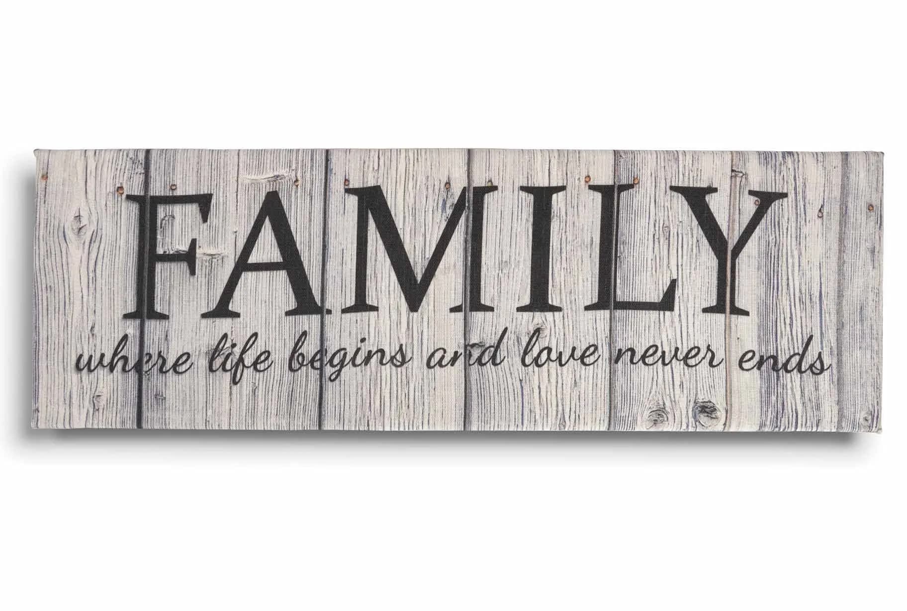 Inkdotpot Stretched Canvas Quotes Wall Art Decor, Family Love Never Ends, 8 x 24 Rustic Wall Sign, Farmhouse Decor - main product image
