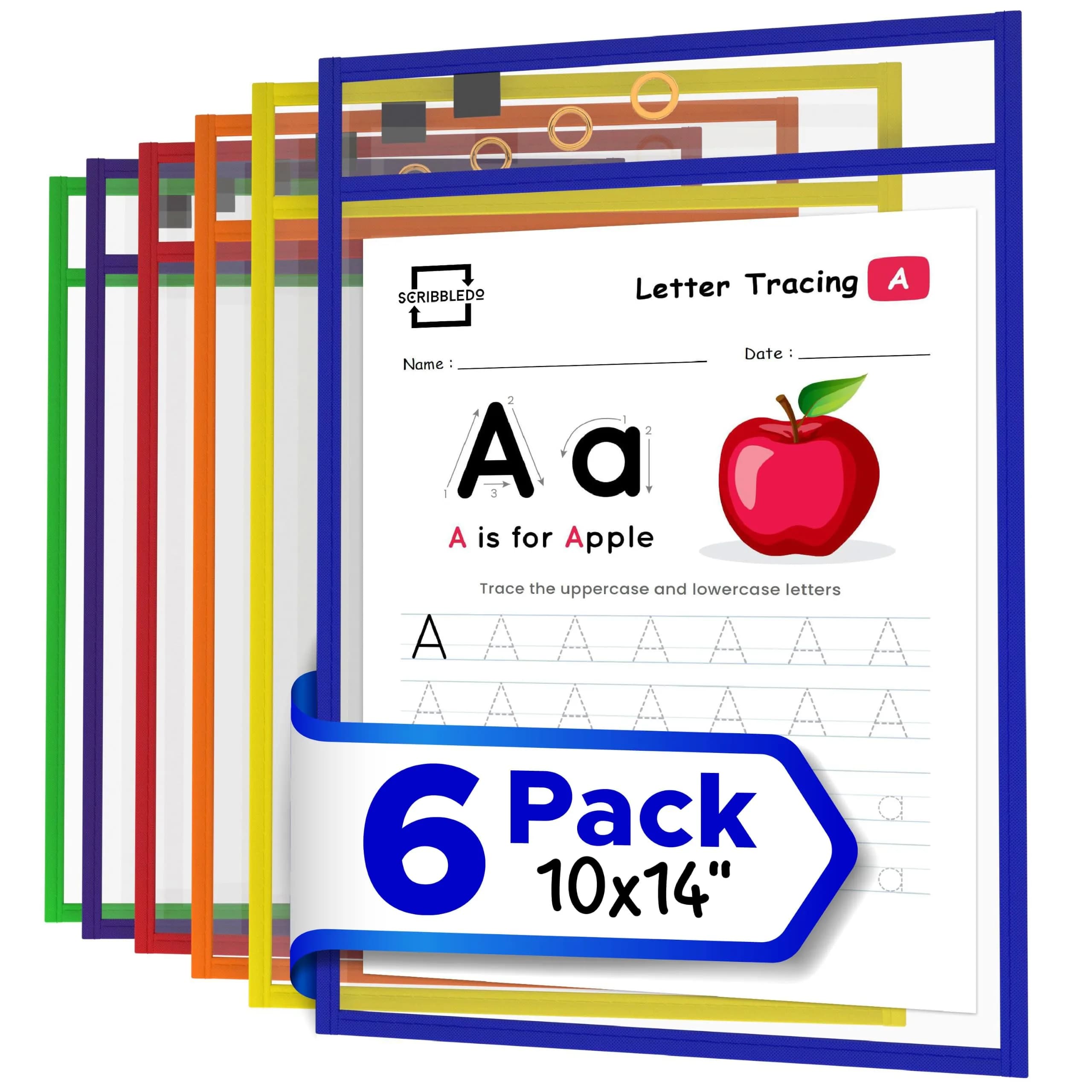 Scribbledo Dry Erase Pocket Sleeves 6 Pack, Reusable Sheet Protectors 36cm (14") x 25cm (10") | Heavy Duty Vinyl for Classroom & Homeschool
